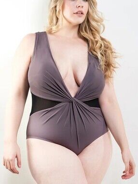 NWT Akoya Harriet Knotted Plunge One Piece Swim Suit Purple w Mesh Plus Size 1X